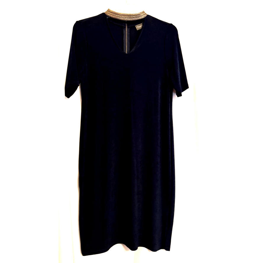 Travelers By Chicos Navy Blue Dress W/ Gold Rope Chain Neckline Size 2 (12)